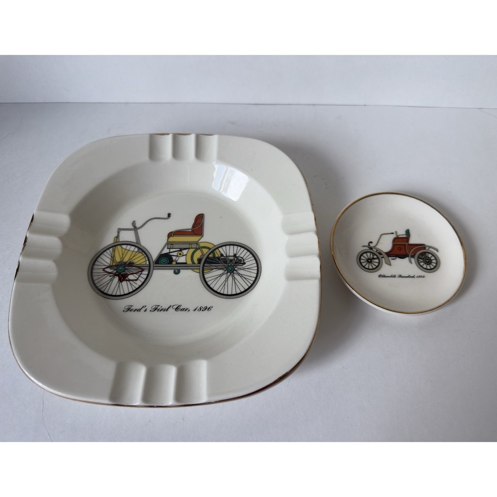 1950's Homer Laughlin Ford's First Car 1896 Automobile Ashtray & Small Plate